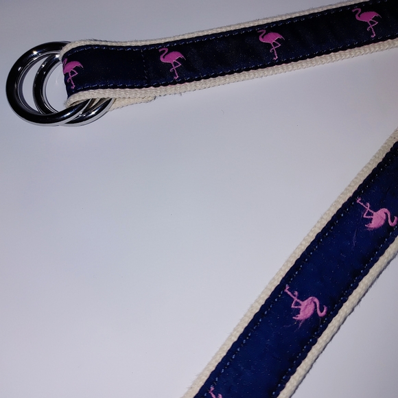 J Crew Womens Med/LG Double Ring Pink Flamingo Motif Belt Adjustable Cotton Belt - Picture 4 of 10